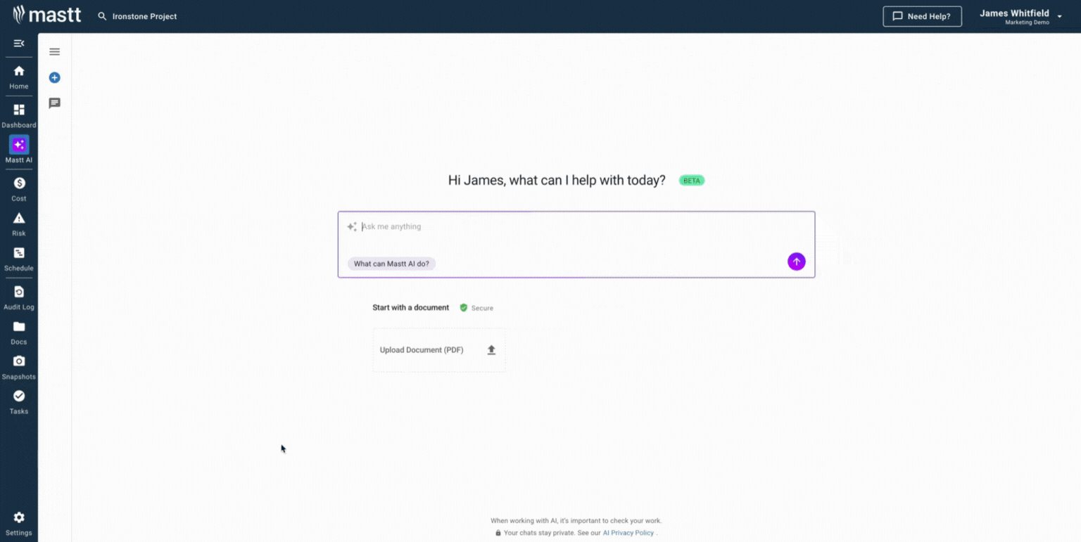Mastt AI generating a construction project list template through chat, helping project teams organize project details and monitor progress