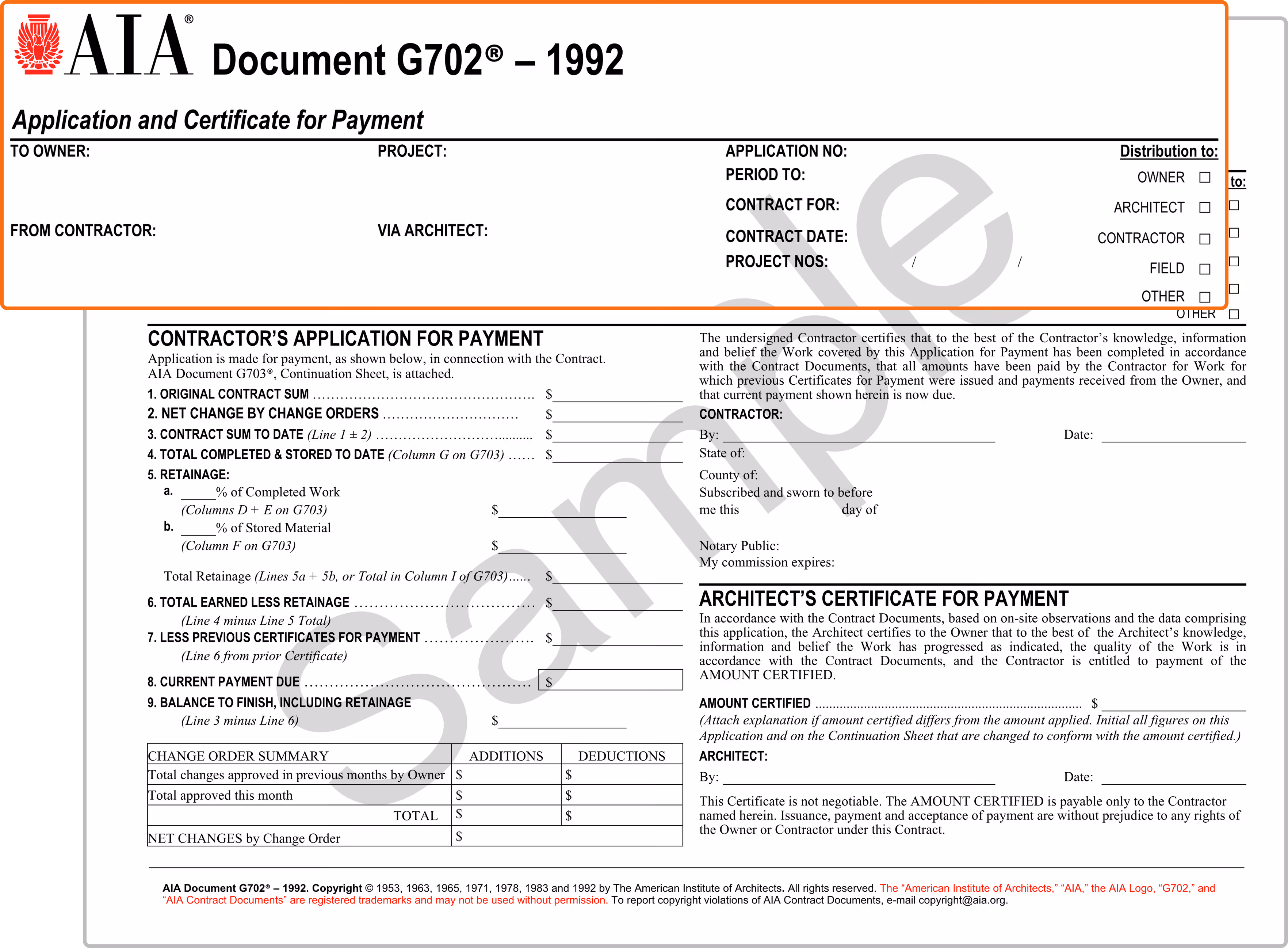 Header section of the AIA G702 form showing project and contract information fields.