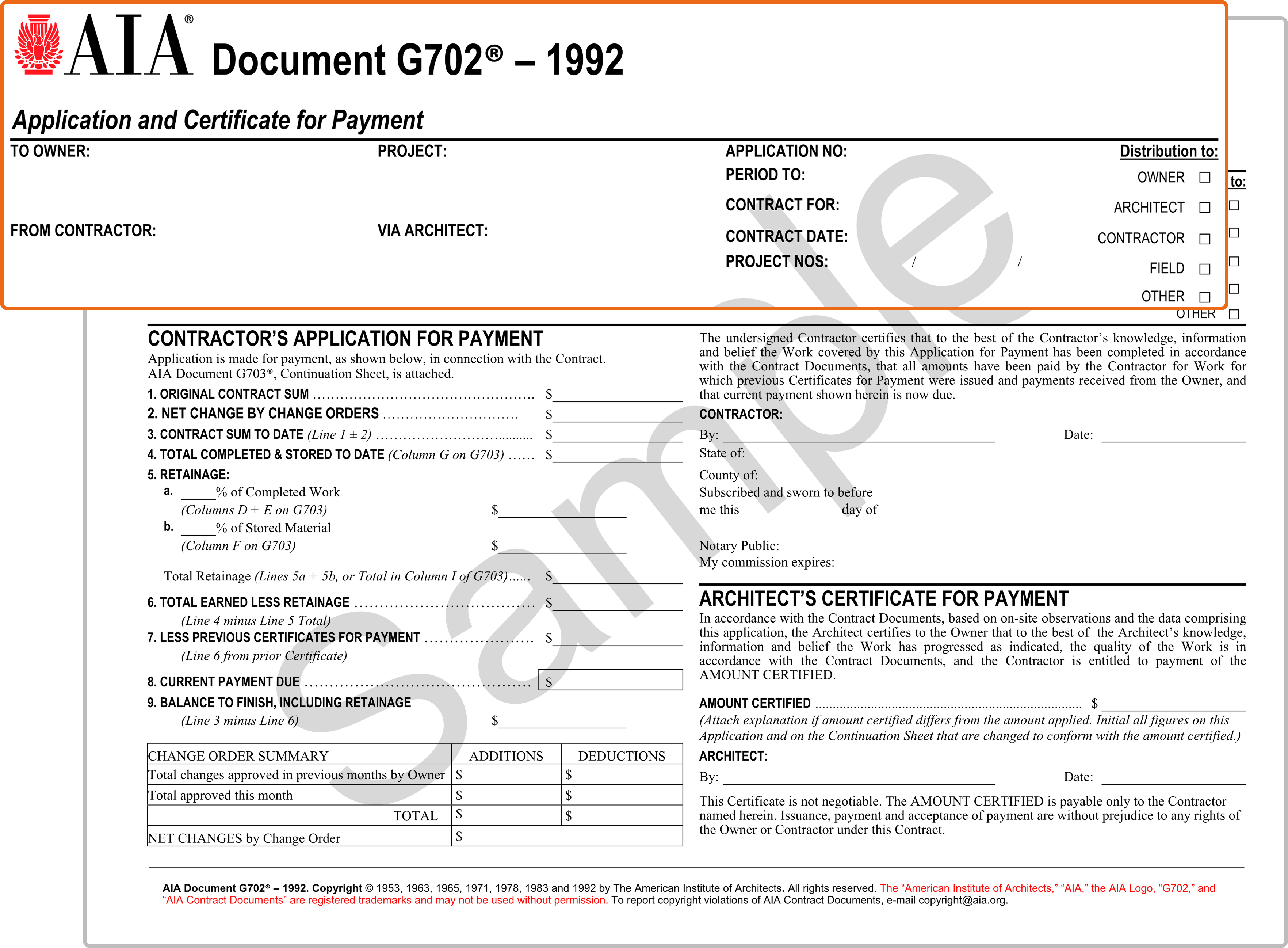 Header section of the AIA G702 form showing project and contract information fields.