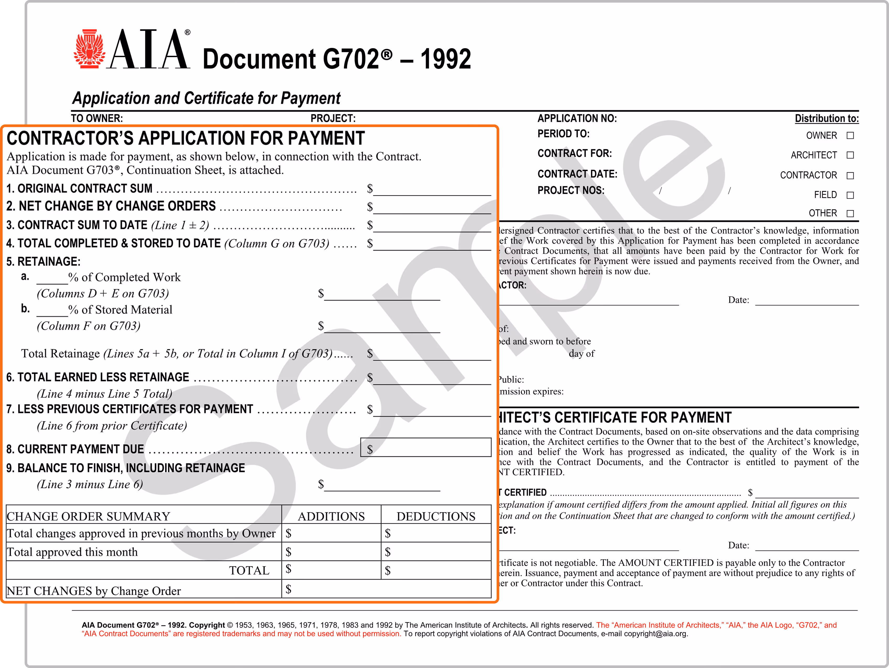 Contractor’s application for payment section of the AIA G702 form with payment calculation fields.