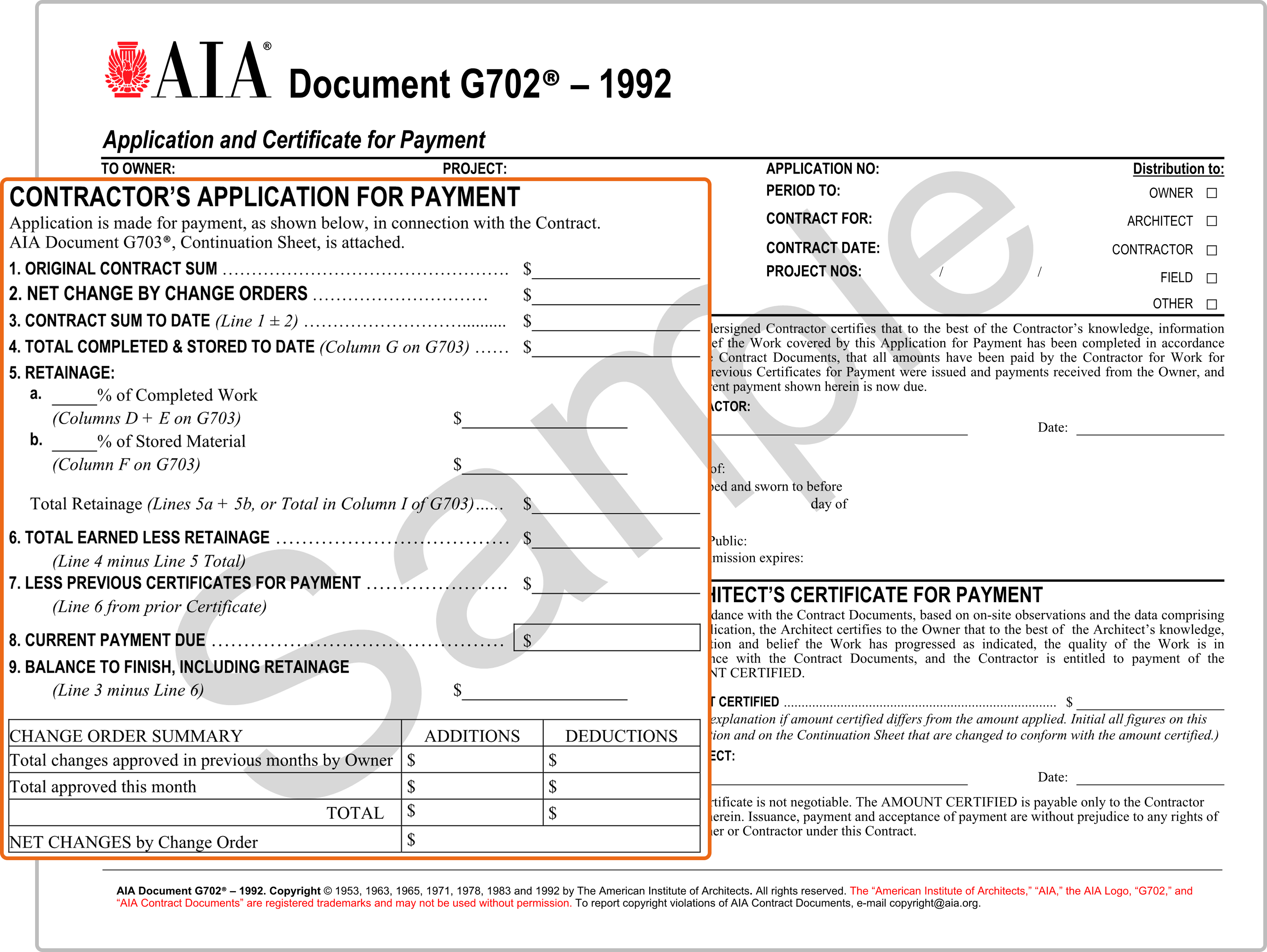 Contractor’s application for payment section of the AIA G702 form with payment calculation fields.