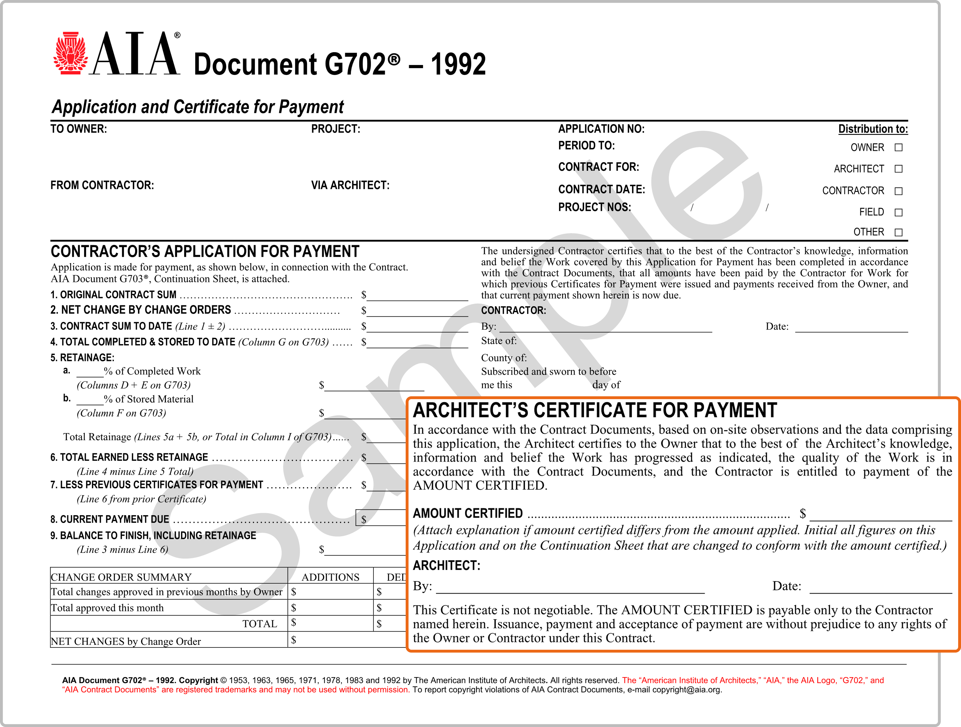 Architect’s certificate for payment section of the AIA G702 form used for certification.