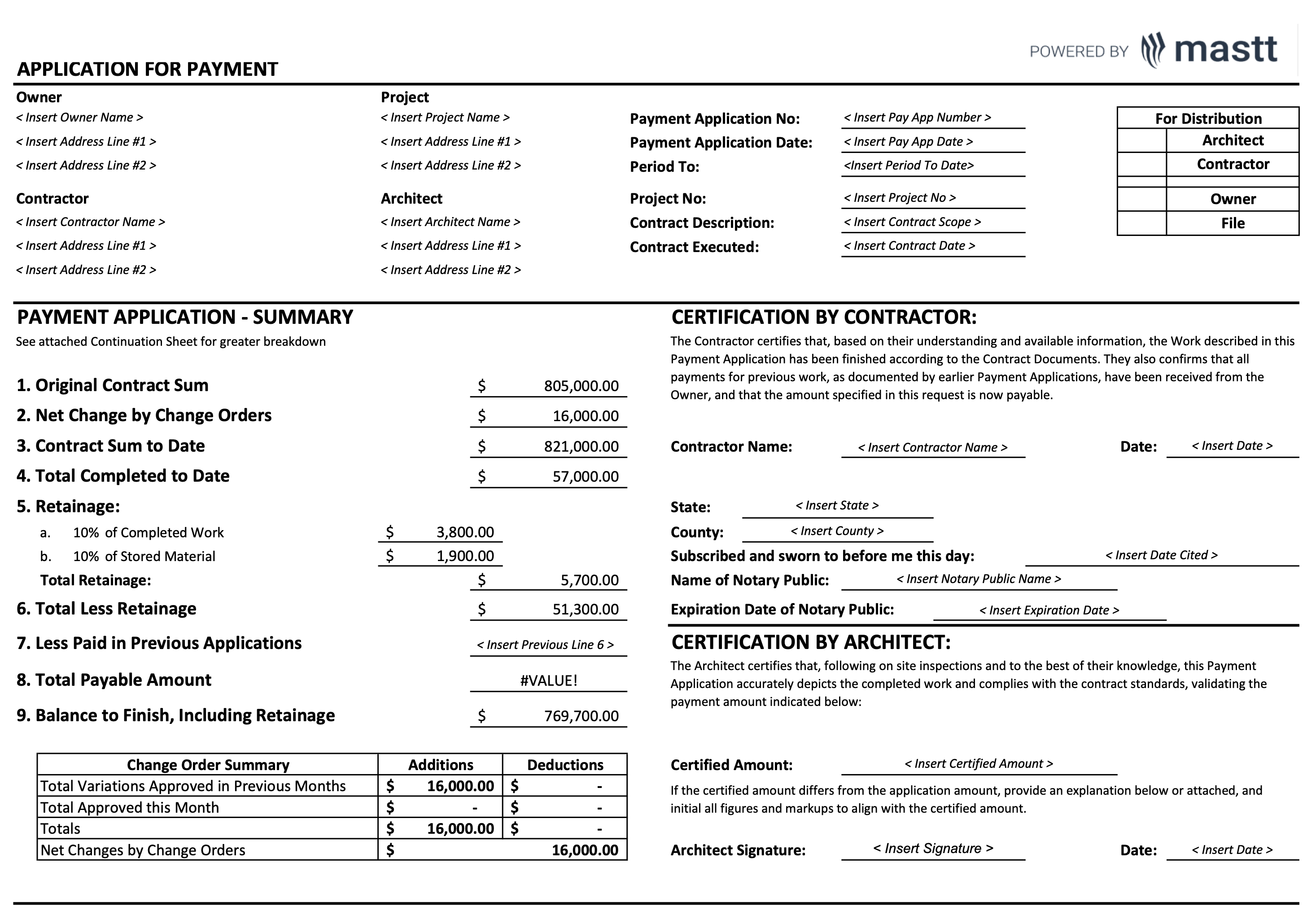 Example of an application and certificate for payment form with project details, contract values, retainage, and certification sections for construction payments.