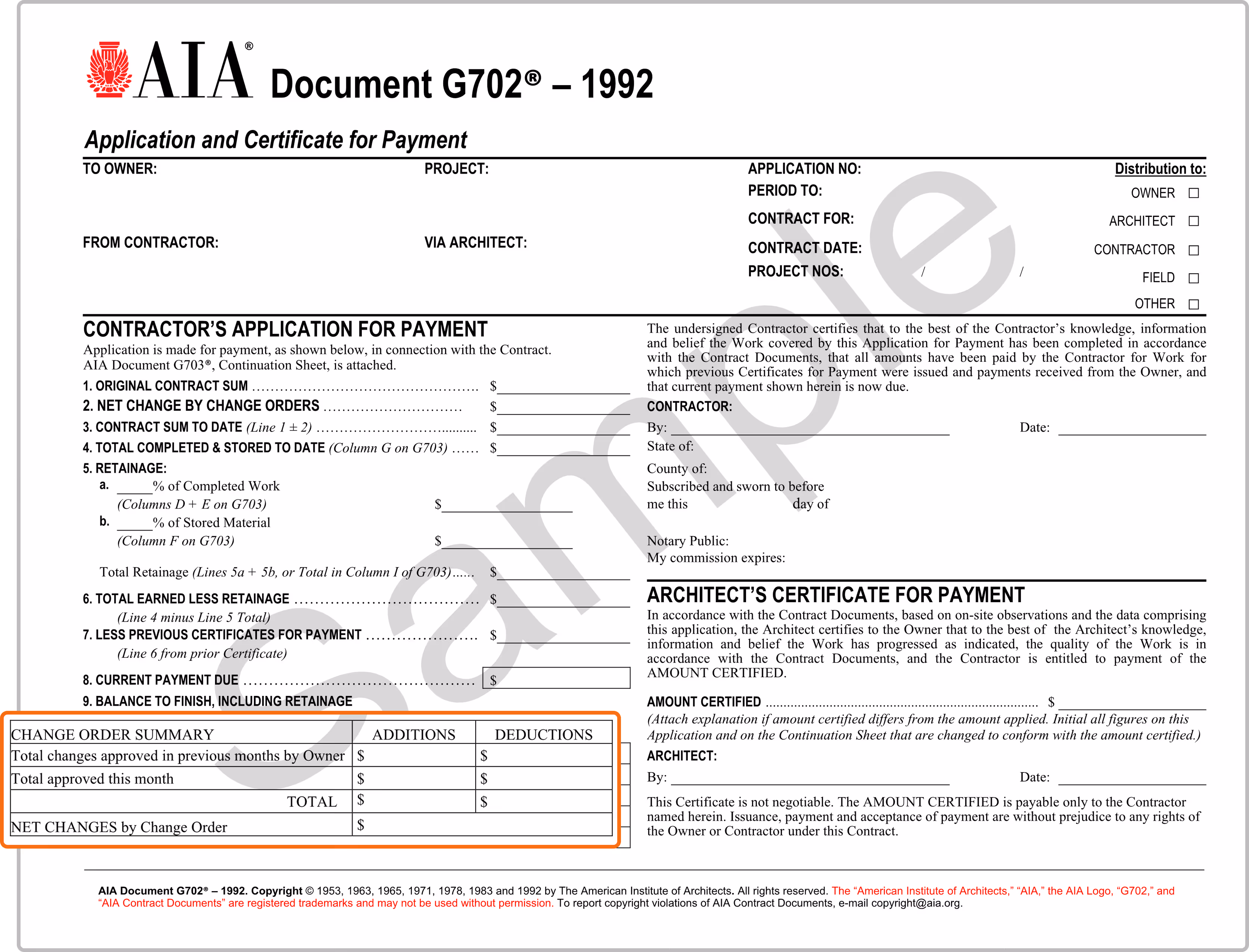 Change order summary section of the AIA G702 form highlighting additions and deductions.