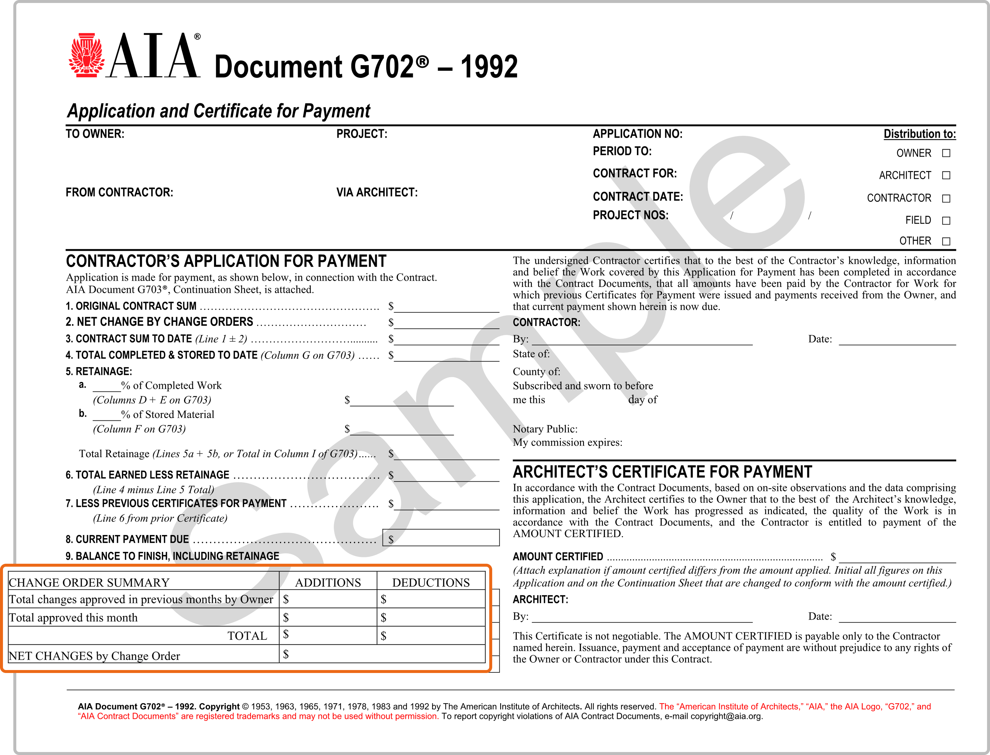 Change order summary section of the AIA G702 form highlighting additions and deductions.