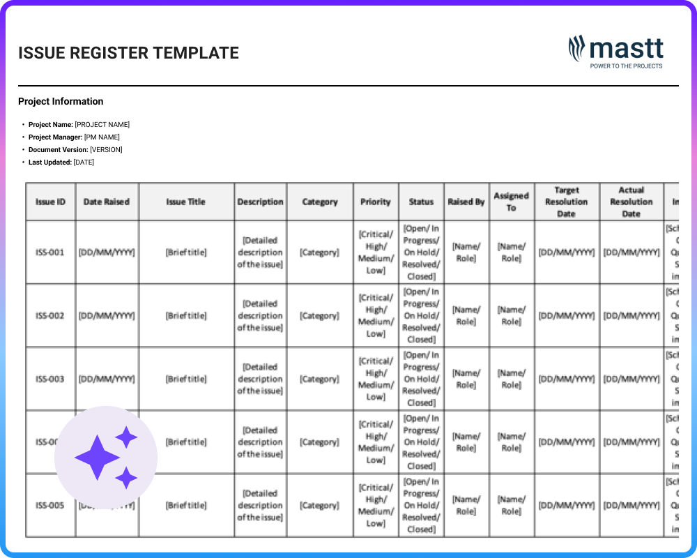 Issue Register Template for tracking risk, issues, priorities, and resolution progress in project management