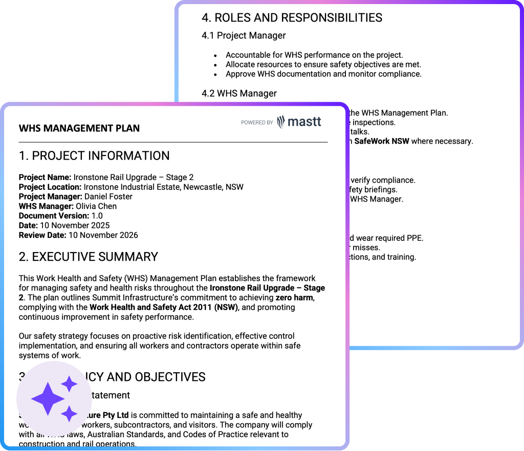 Example WHS management plan for construction projects showing project information, executive summary, and safety roles to help site managers control health and safety risks and meet compliance obligations