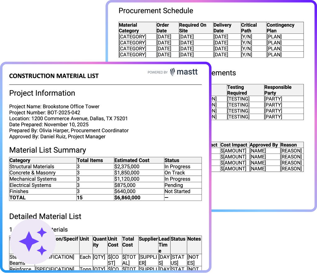 Construction material list template showing summary of items, costs, status and procurement data