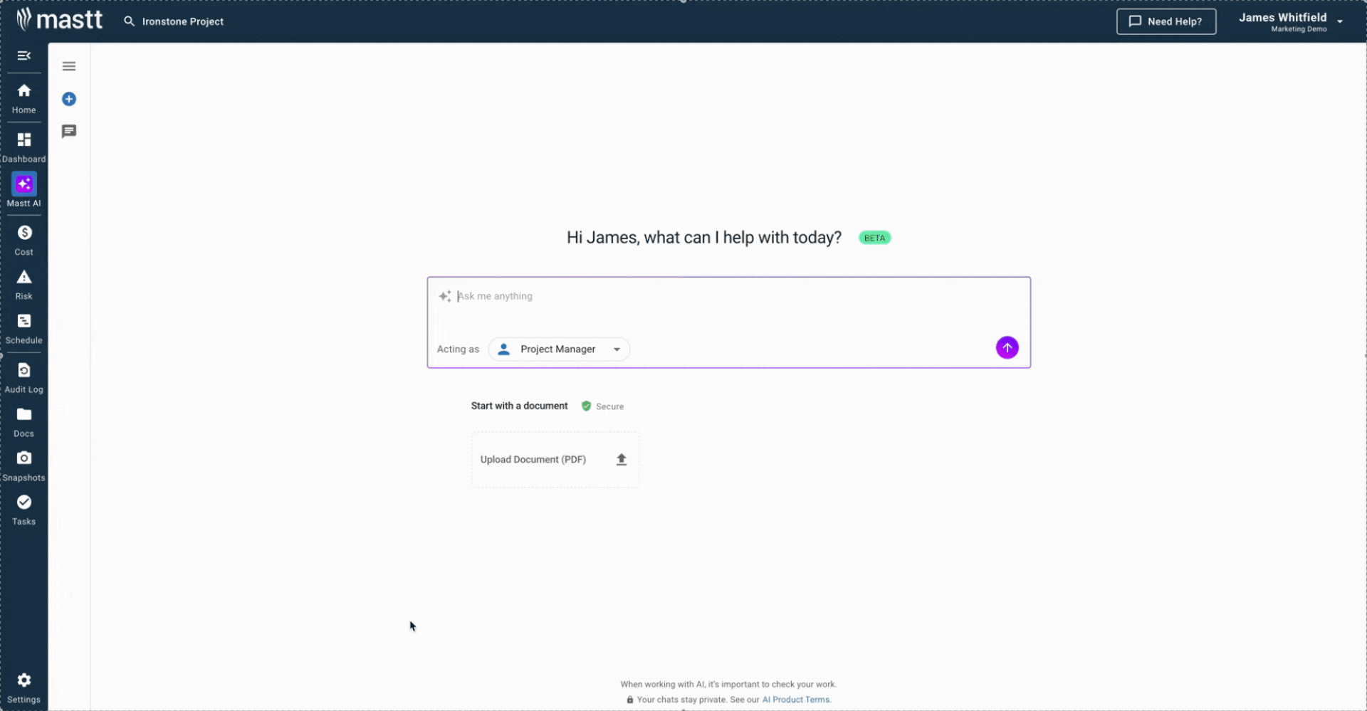GIF showing Mastt AI generating construction risk management plan template from simple text description