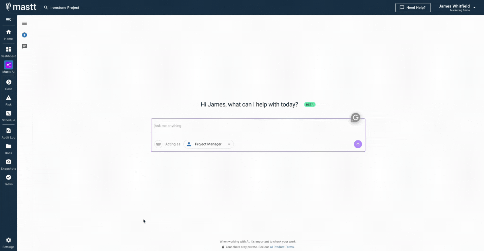 Mastt AI generating data center project plan from user prompt in real-time