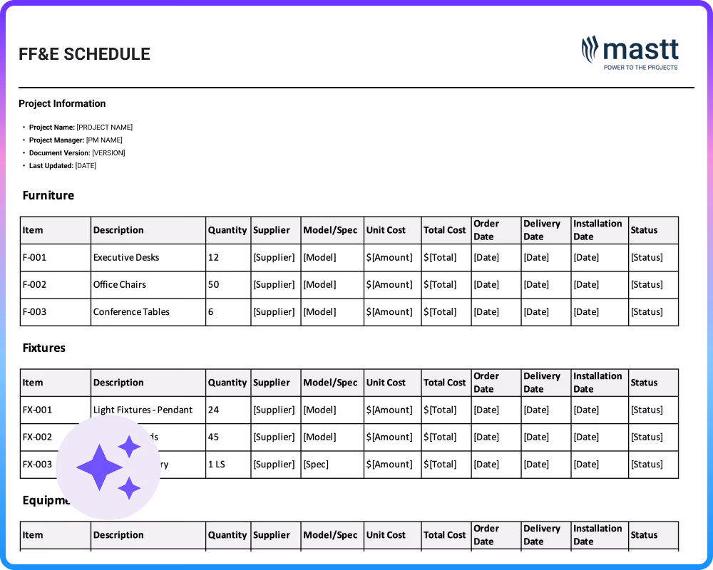 FF&E schedule template showing furniture, fixtures, costs and key dates for clear project tracking.