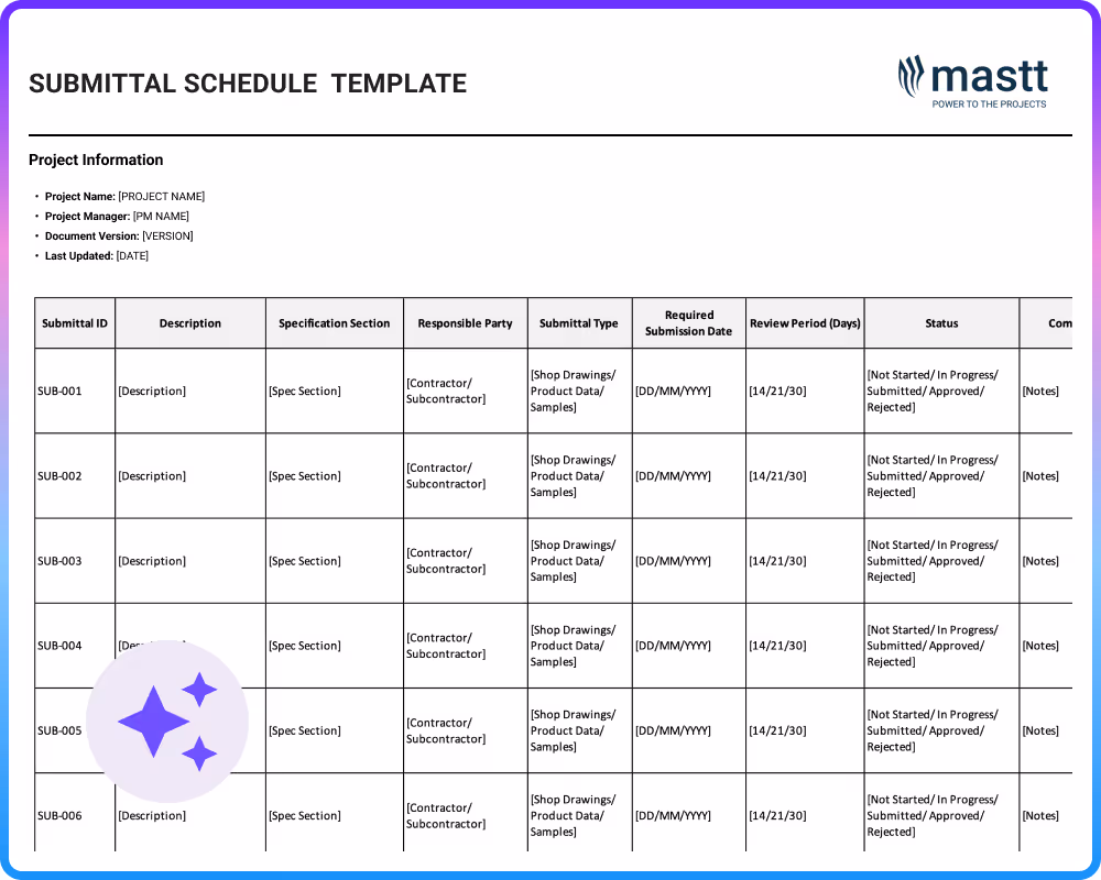 Submittal schedule template tracking shop drawings, product data, and material samples with submission dates and status