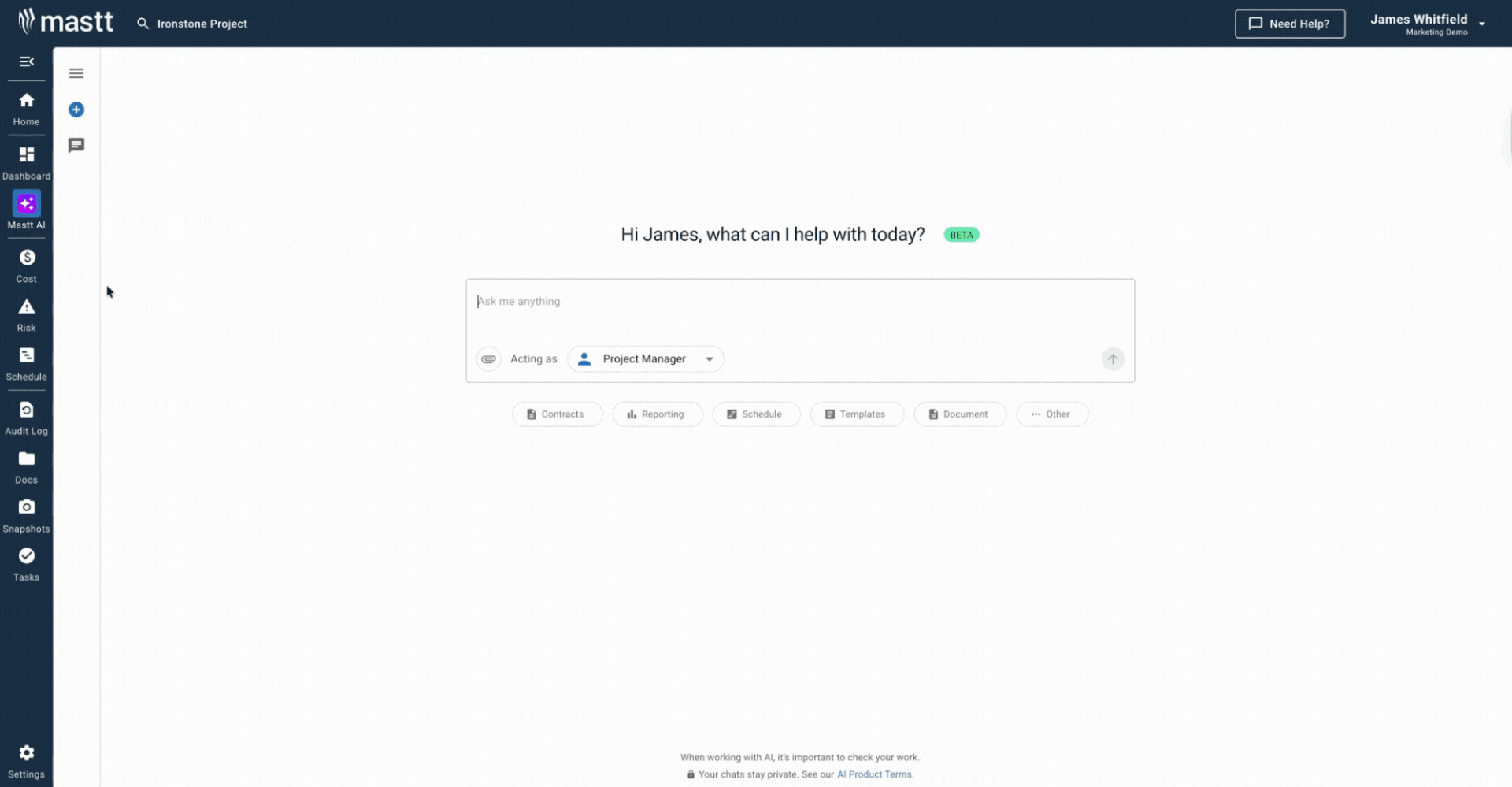 GIF of Mastt AI chat interface creating a submittal schedule template with contracts and reporting options
