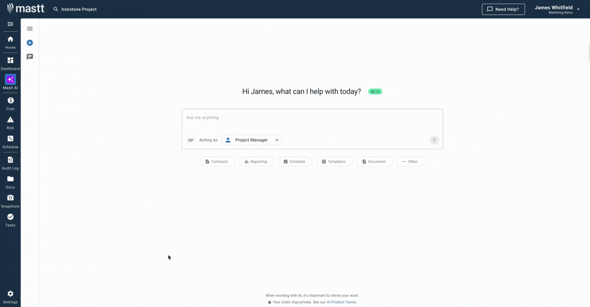 Mastt AI chat interface generating custom submittal register template in seconds from simple text description