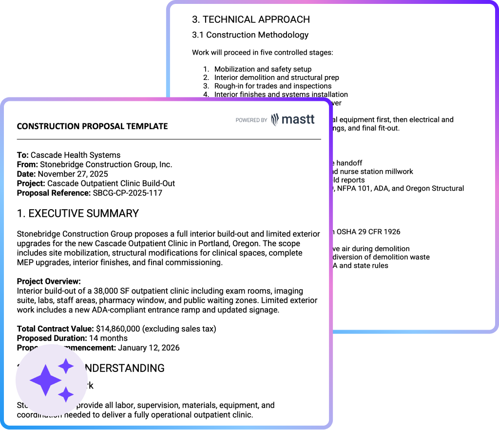 Construction proposal template example showing executive summary, project details, and technical approach sections