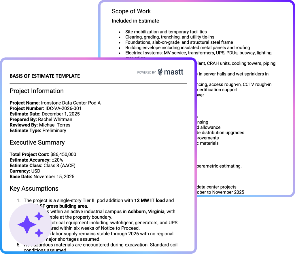 Basis of estimate template example showing project costs, AACE Class 3 accuracy, and scope documentation