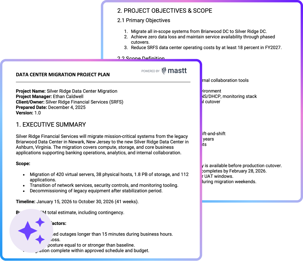 Data center migration project plan example showing executive summary, scope, timeline, and objectives in structured format