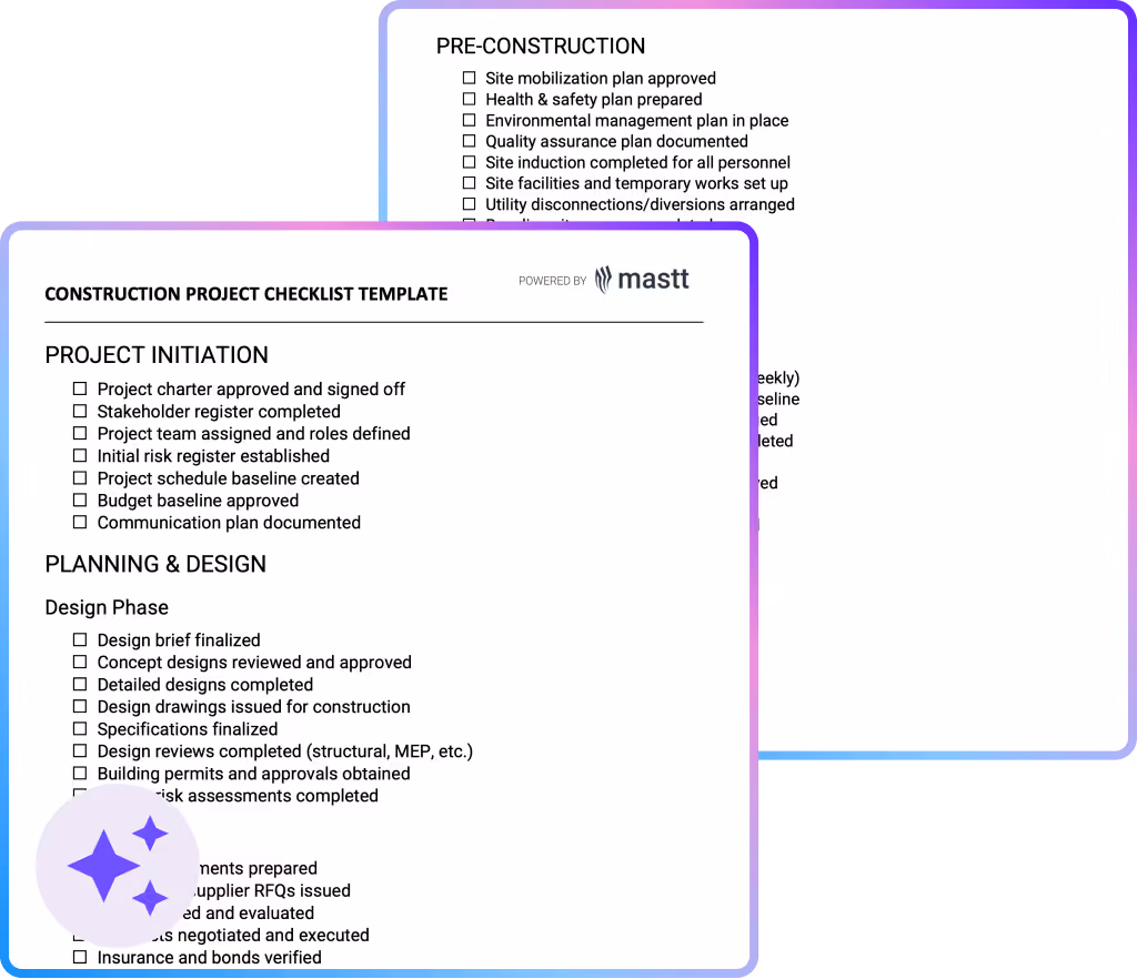 Construction project checklist template showing initiation, planning, design, and pre-construction phase task tracking
