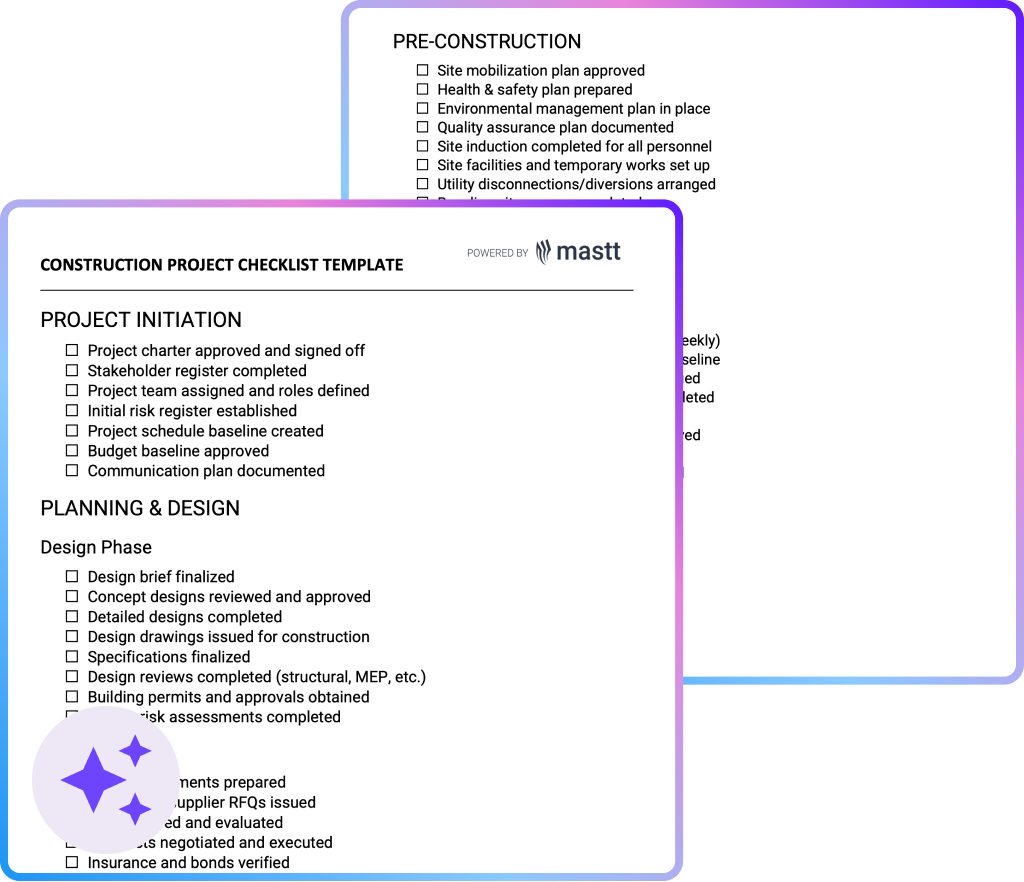 Construction project checklist template showing initiation, planning, design, and pre-construction phase task tracking