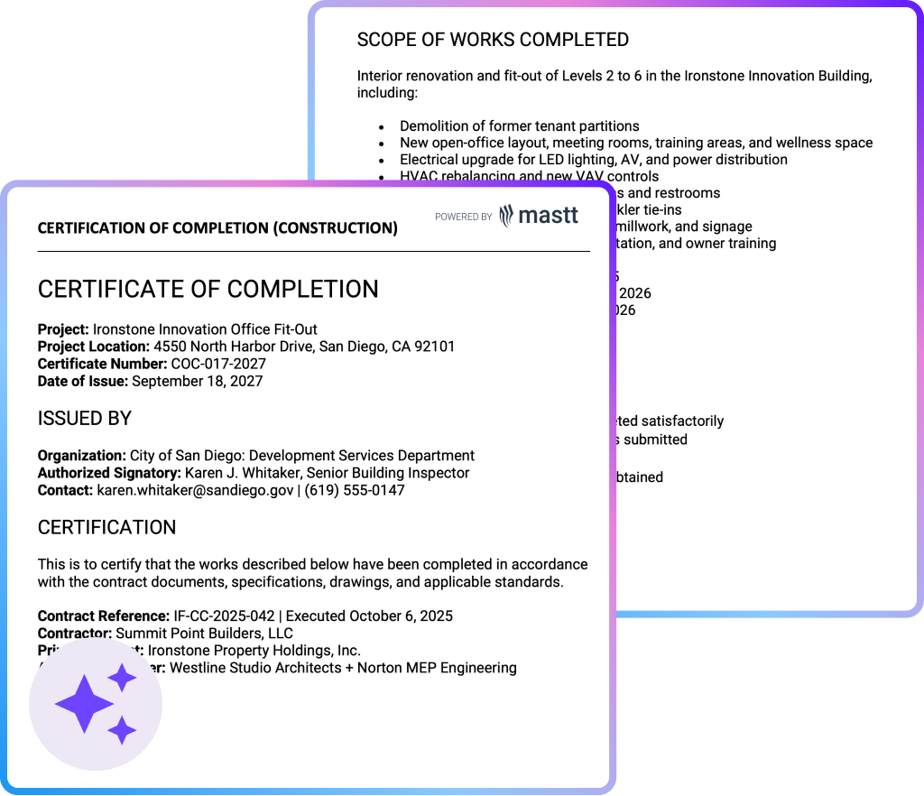 Certificate of Completion Construction Template