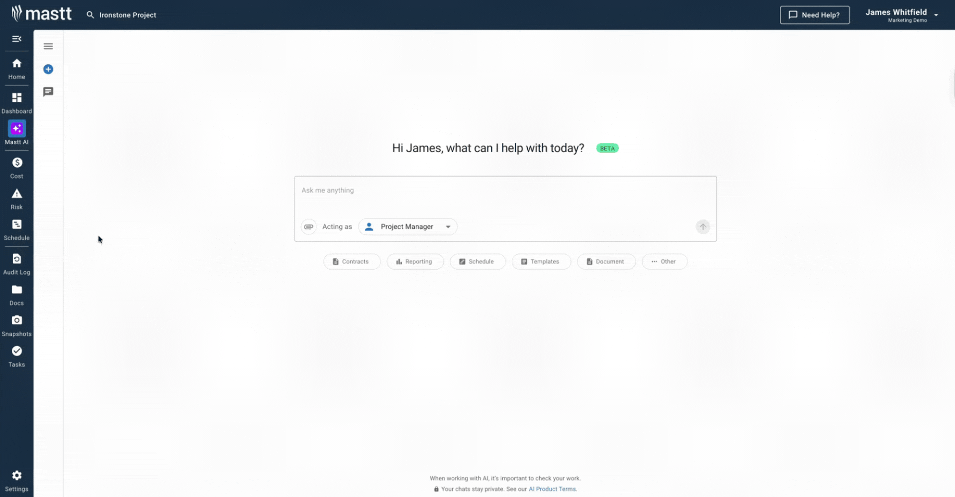 Mastt AI chat interface with prompt field and template options to generate construction daily logs and project documents