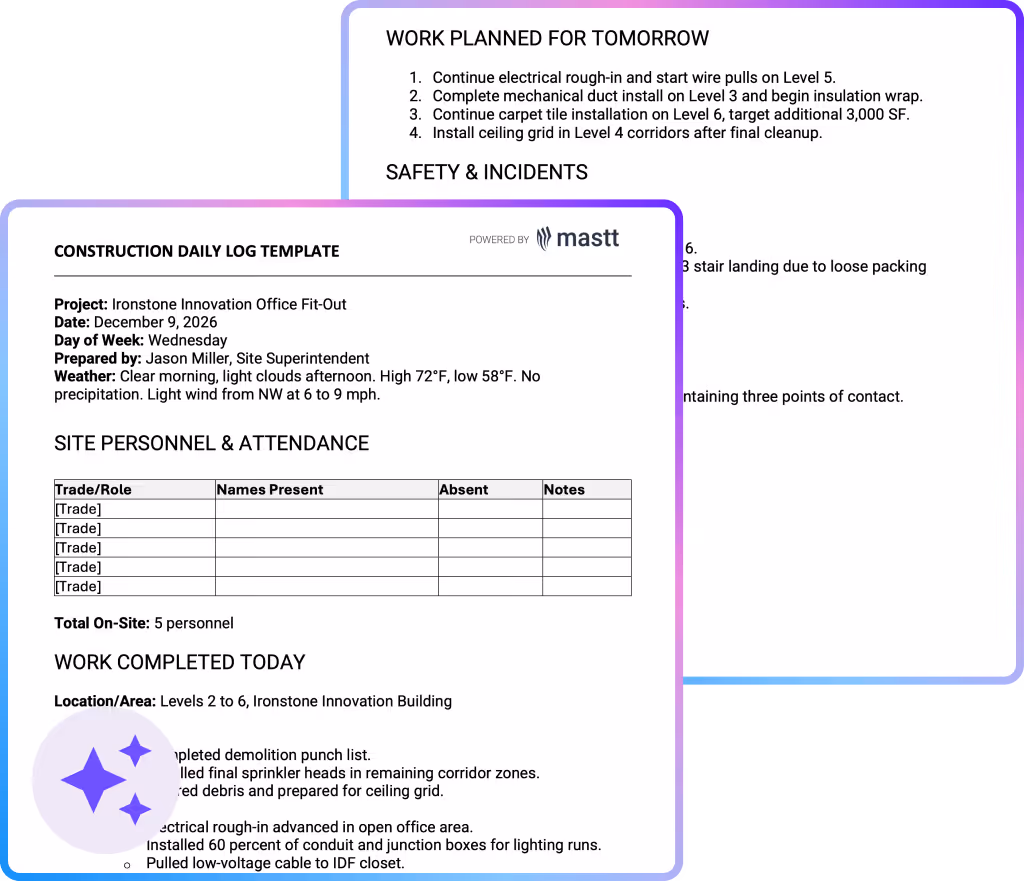 Construction daily log template showing work completed, personnel attendance, safety incidents, and tomorrow's planned tasks