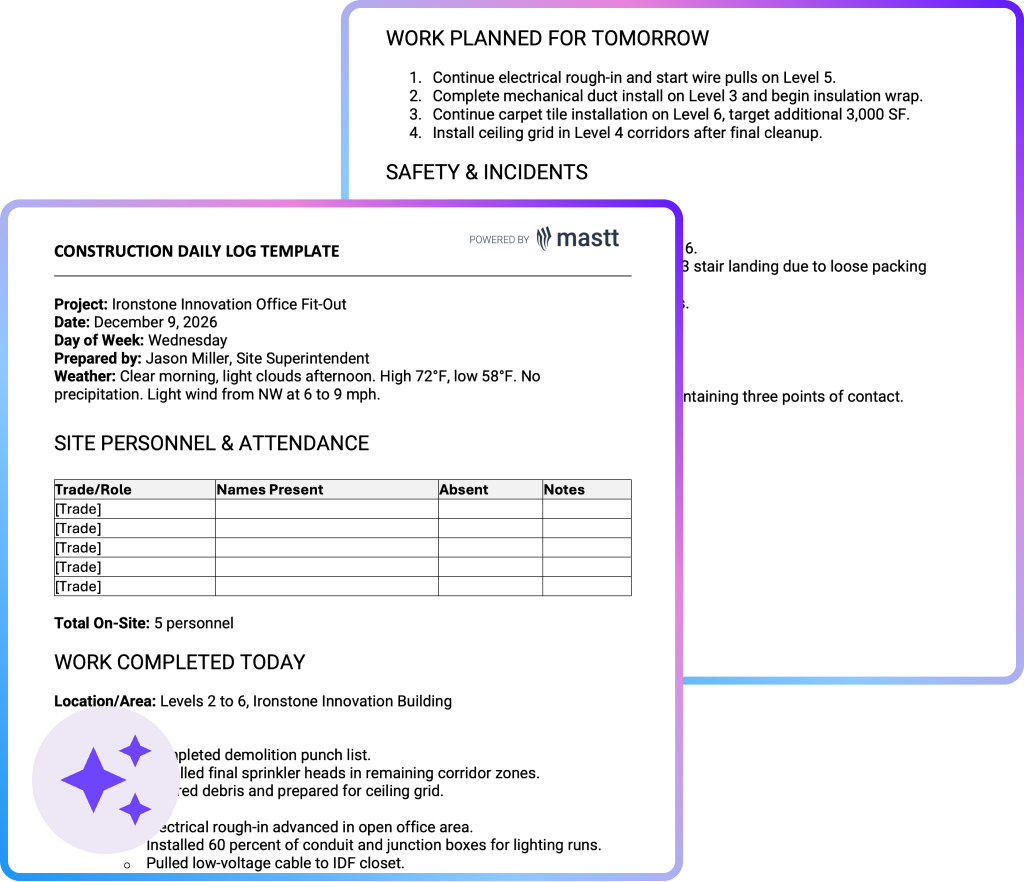 Construction daily log template showing work completed, personnel attendance, safety incidents, and tomorrow's planned tasks