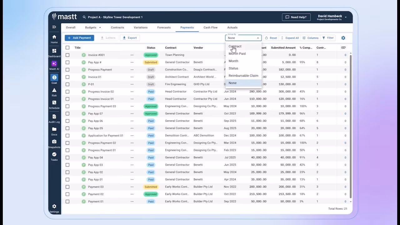 Payments dashboard in Mastt showing contractor payment records with filters and status tracking.