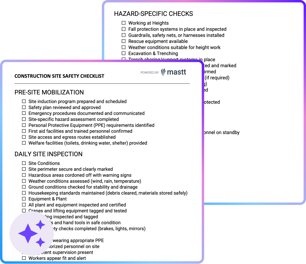 Construction site safety checklist covering mobilization, daily inspections, and hazard-specific checks
