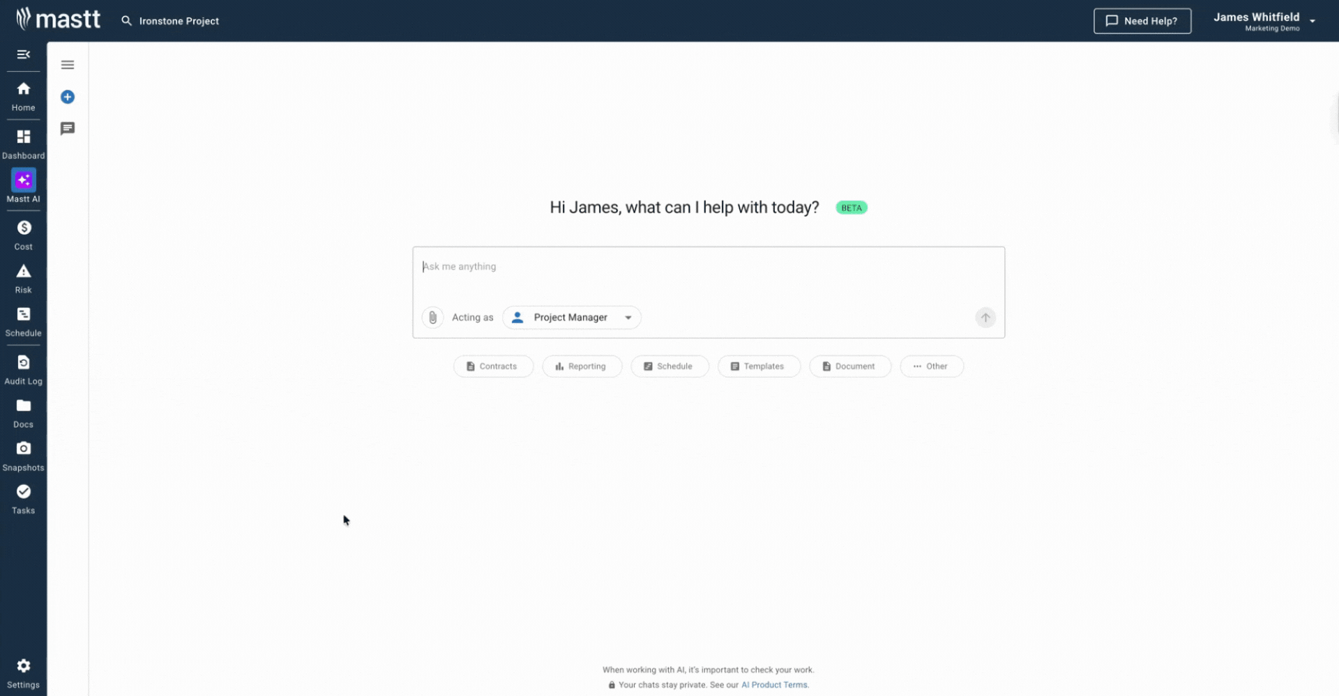 Mastt's AI Assistant chat interface generating 3 week look ahead template downloadable in Excel and Word