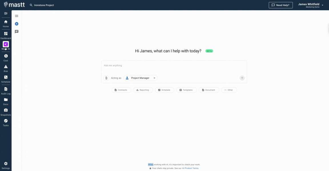 Mastt's AI Assistant chat interface used to generate a construction change management plan template.