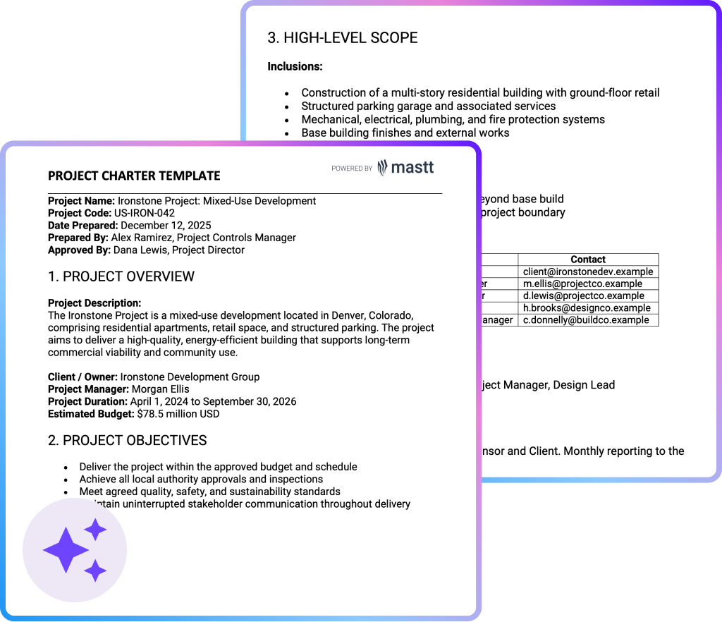 Project charter template example showing overview, objectives, scope sections with project details and stakeholder information