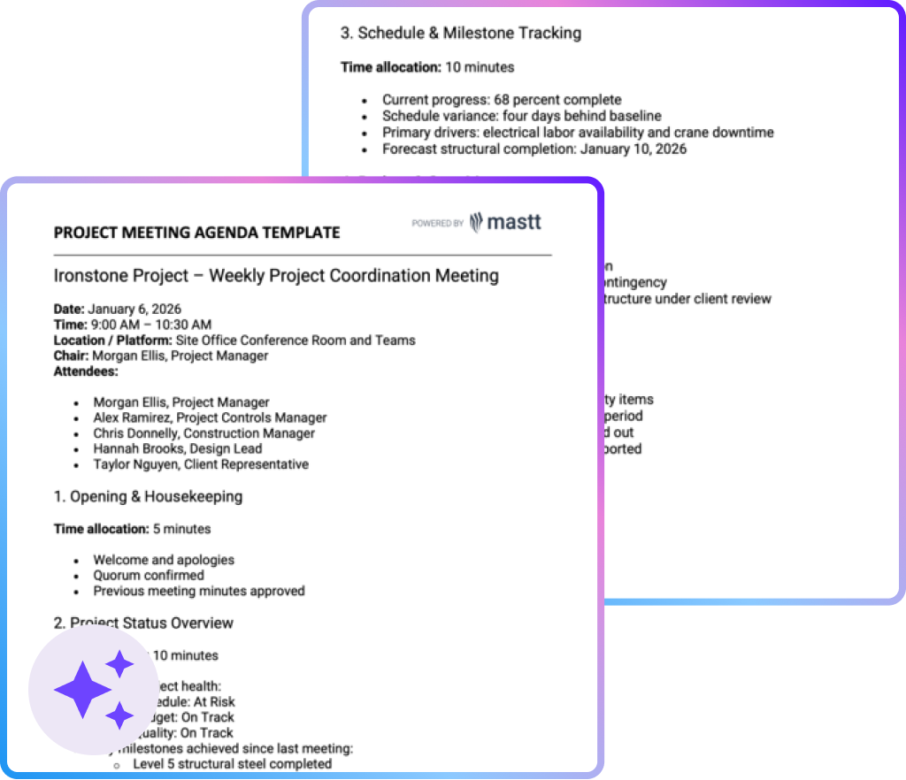 Professional project meeting agenda example showing time allocations, status updates, and milestone tracking for construction coordination