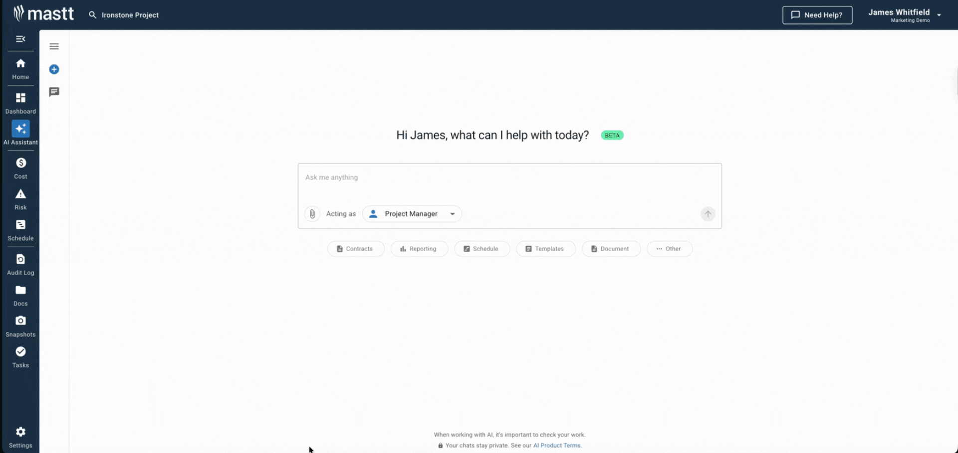 AI Assistant dashboard in Mastt showing a chat interface for generating project management plan templates and project documentation.
