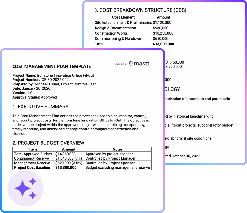 Cost management plan template showing project budget summary and cost breakdown structure.