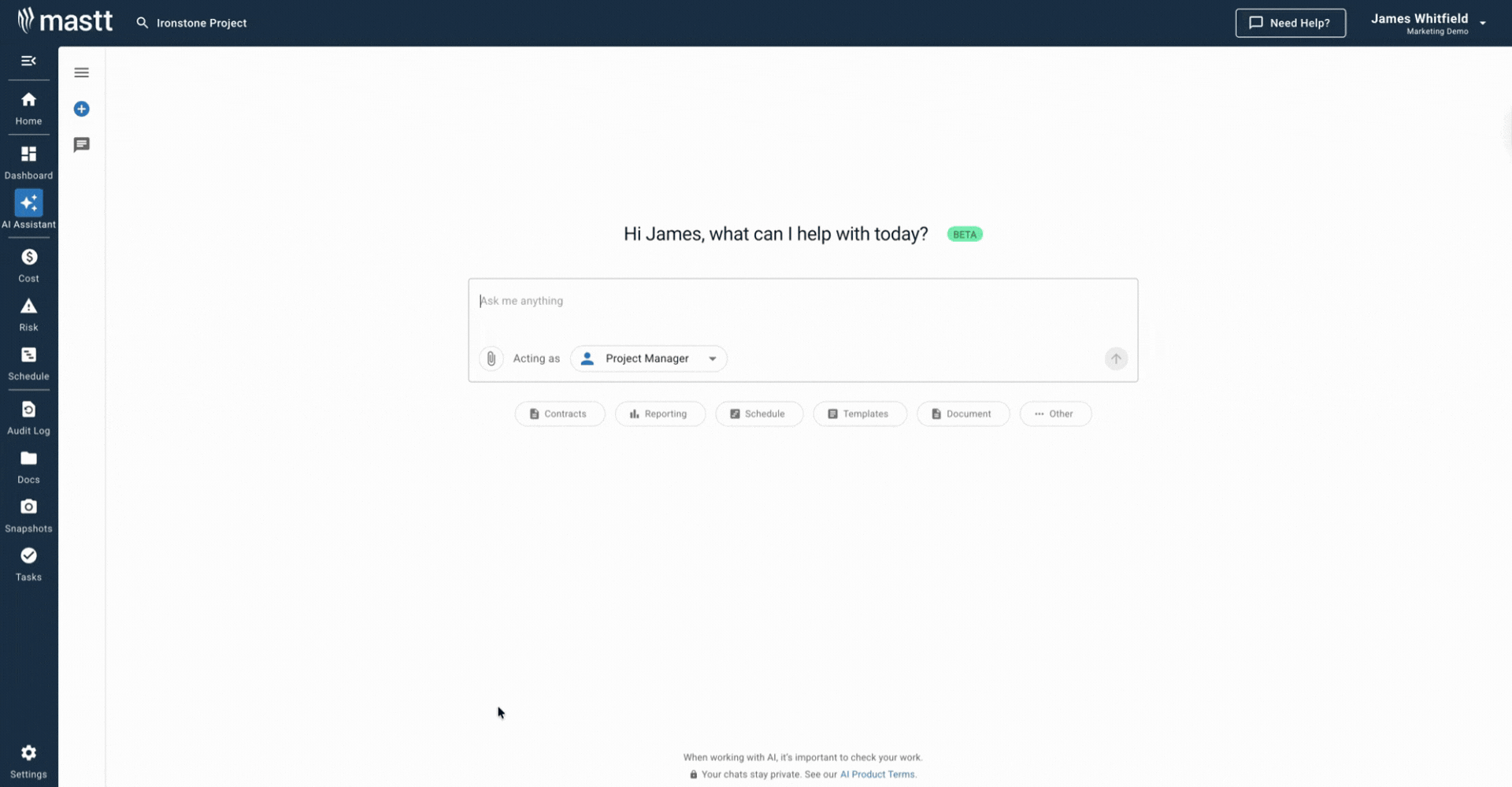 Mastt's AI Assistant chat interface used to generate project management and cost management plan templates.