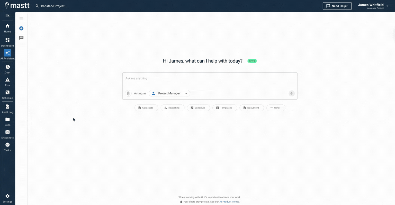 Mastt AI Assistant interface used to generate and manage construction project plan templates.
