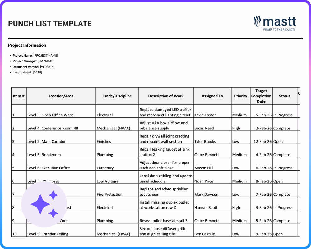Construction punch list template tracking closeout tasks by location, trade, priority, and completion status