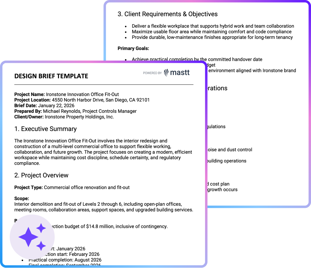 Design brief template showing a structured construction document with project details, executive summary, scope, budget, schedule, and client requirements
