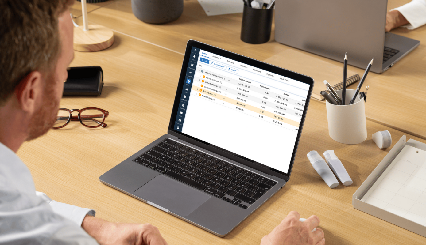 Construction project cost tracking software showing budget and cost data.