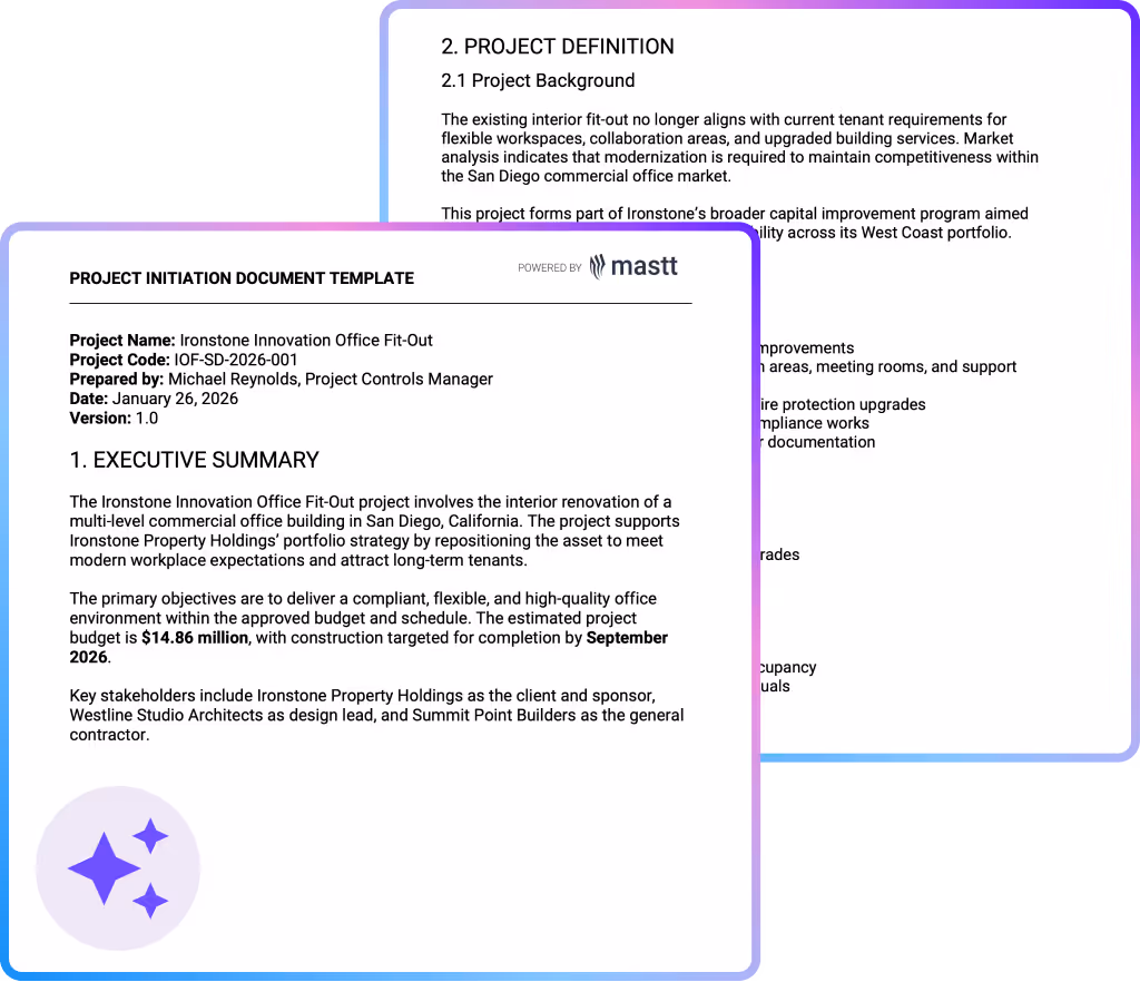 Project initiation document template showing scope, budget, roles, goals