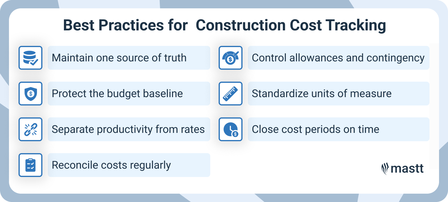 Best practices for construction cost tracking, including budget control, cost reconciliation, and standardized reporting.