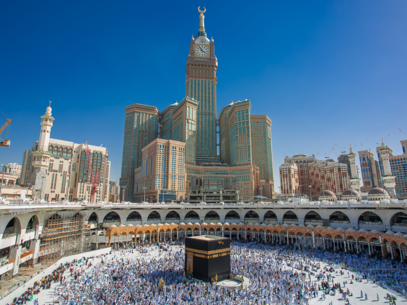 Makkah Royal Clock Tower in Mecca, Saudi Arabia, a 601-meter skyscraper with massive clock faces.