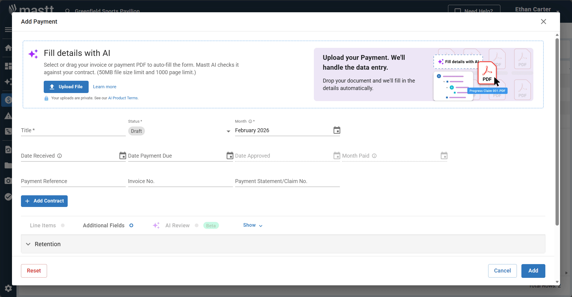 Mastt's AI Payment Review auto-fills payment details from an uploaded PDF and checks them against the contract