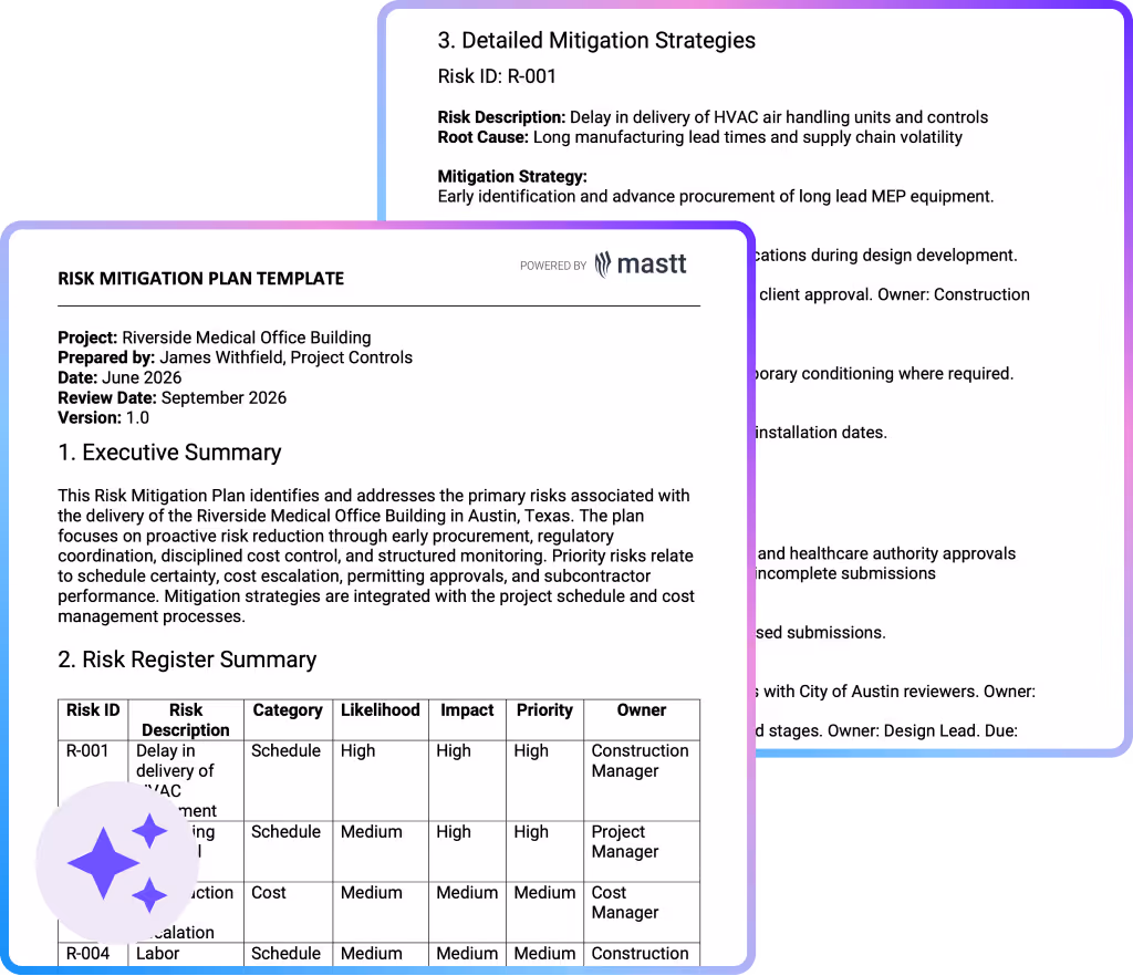 Risk mitigation plan template showing executive summary, risk register with priority ratings, and detailed mitigation strategies