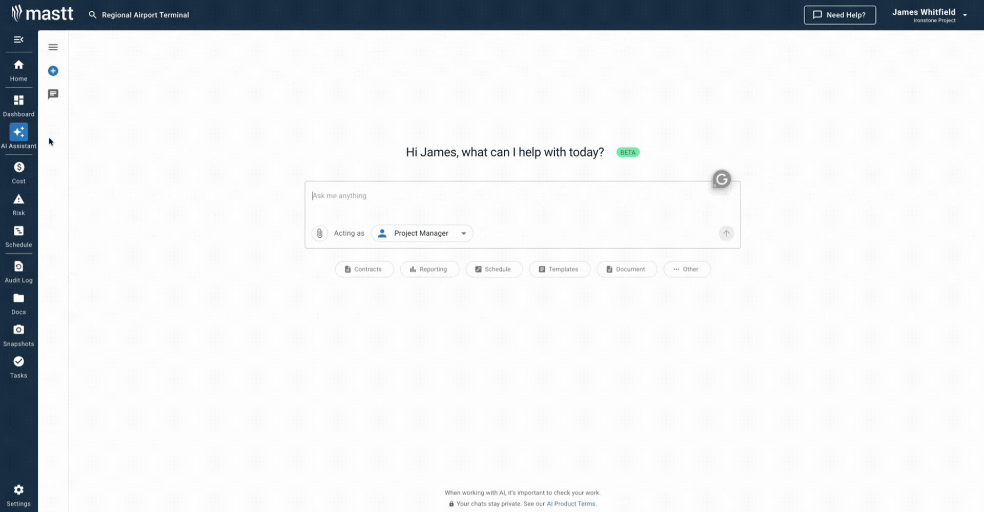 Mastt's AI Assistant chat interface generating risk mitigation plan templates with role selection and document options