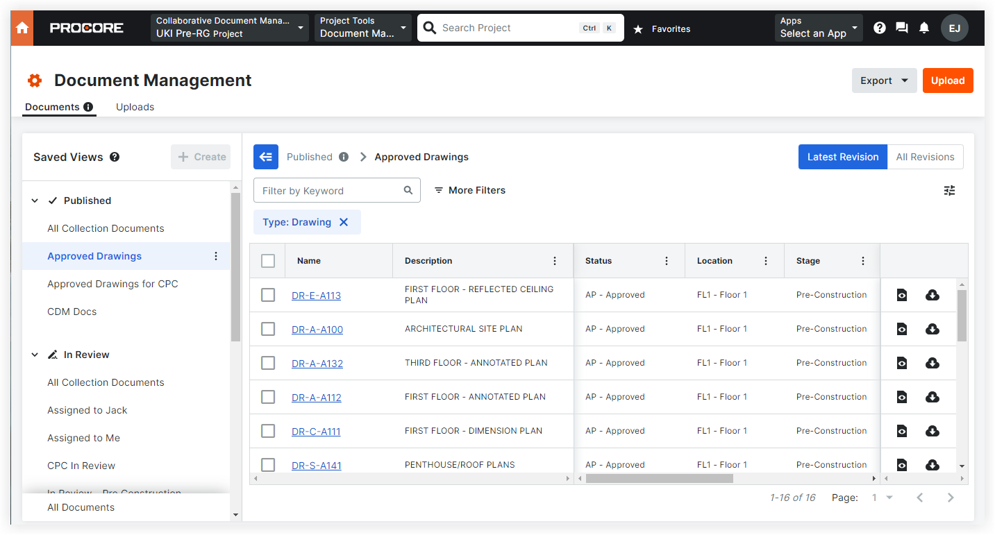 Approved drawings in Procore with status and stage