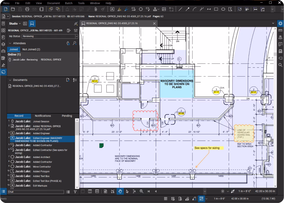 Bluebeam Revu showing PDF plan with markups