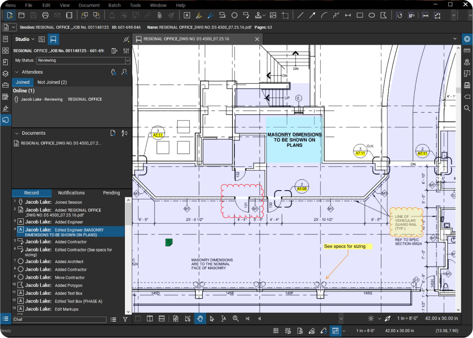Bluebeam Revu showing PDF plan with markups