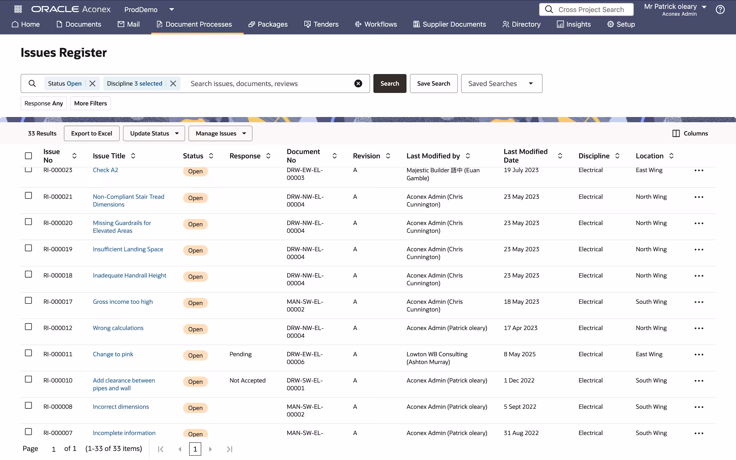 Issues register in Oracle Aconex